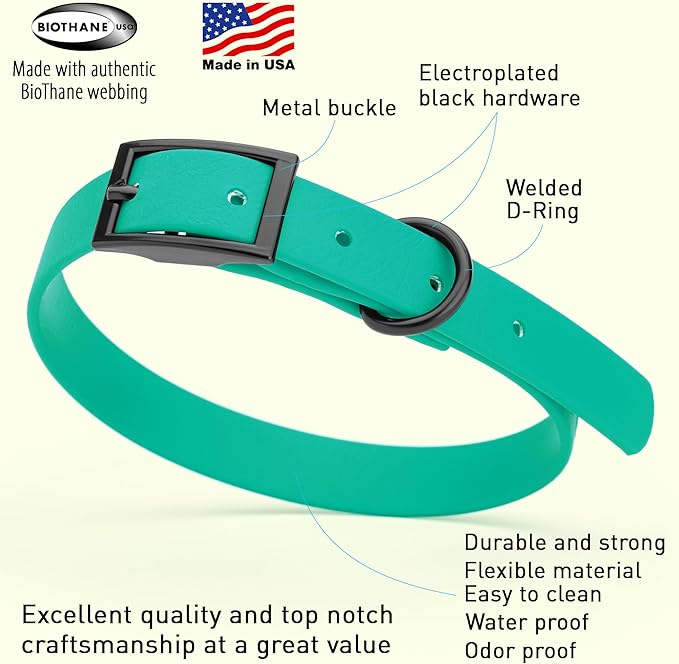 Dogline Biothane Coated Webbing Dog Collar with Black Metal Hardware: Durable Easy-Clean Everyday Collar for Dogs - Comfortable Adjustable Odor-Resistant Pet Collar, W5/8" x L12-15, Teal