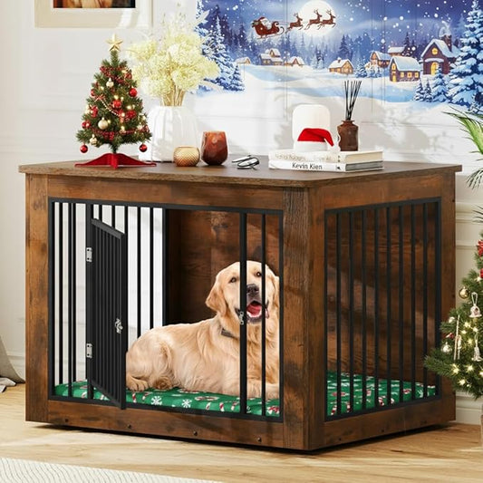 YITAHOME 43.7" L Dog Crate Furniture for Large Dog, 2-in-1 Iron-Wood Fusion Modern Dogs Kennel Indoor up to 80 lb, Side End Table, Adjustable feet, Waterproof Top, Safety Corners, Rustic Brown