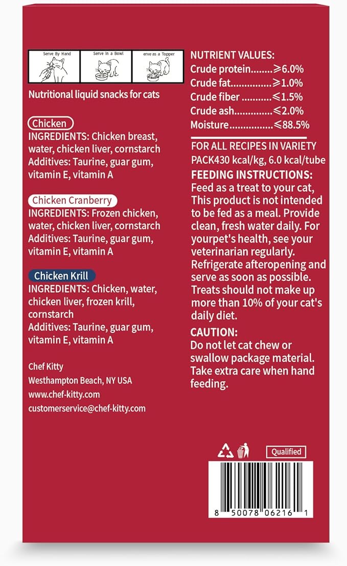 Chef Kitty Purée Pops, Cat Treats, Grain-Free, Lickable, Squeezable Creamy Cat Treat/Topper with Vitamin E & Taurine, 0.5 Ounces Each Tube, 20 Tubes, Chicken Mix Variety
