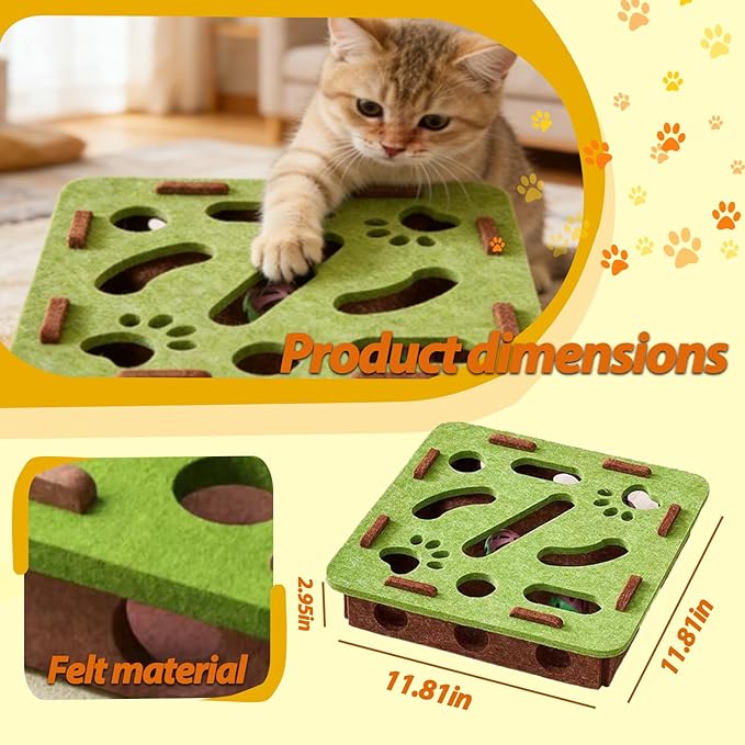 Interactive Cat Puzzle Toy, Felt Maze Box, Allows Cats to Play Independently, Scratching and Hunting Puzzle Box, Kitten Toy, a Gift for Kittens. (Green Square)