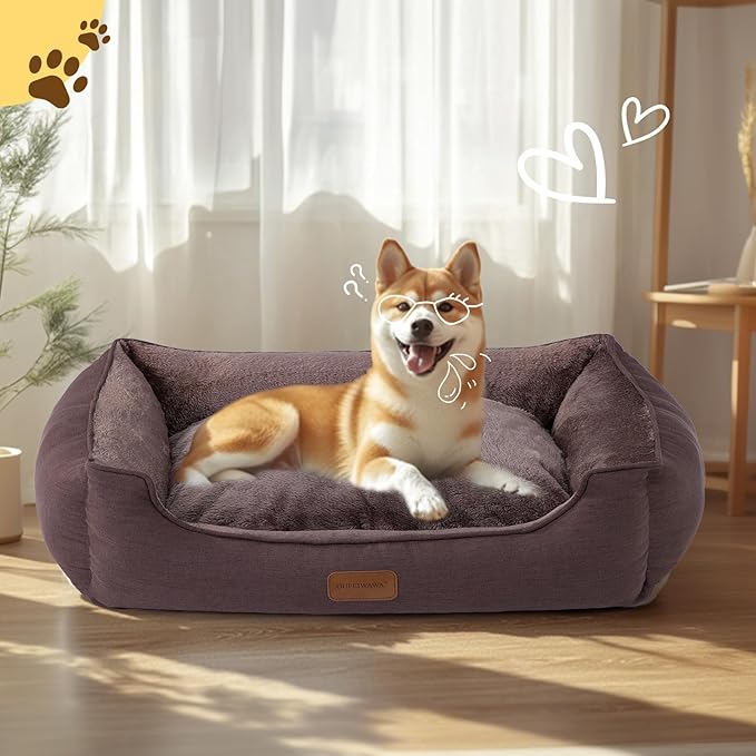 Rectangle Dog Bed for Large Medium Small Dogs Washable Pet Bed with Bolster Sides Non-Slip Bottom Pet Sofa Waterproof Lining Durable Pet Cuddler, Dark-Brown, 33x 26x 7.5