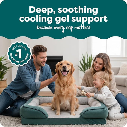 FurHaven Cooling Gel Dog Bed for Large Dogs, Comfort Sofa Bed with Cool Gel-Top Foam and a Solid Orthopedic Foam Base for Joint Support, Washable Cover, Jumbo/XL, Plush & Velvet, Celadon Green