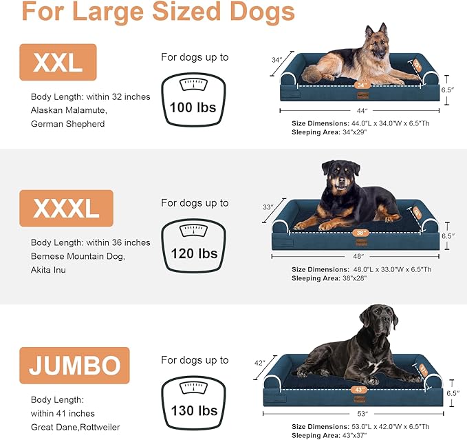 Large Dog Bed Orthopedic Washable: Jumbo Dog Bed Bolster Extra Large Dogs Egg Crate Foam Sofa Couch Waterproof Removable Cover - Navy