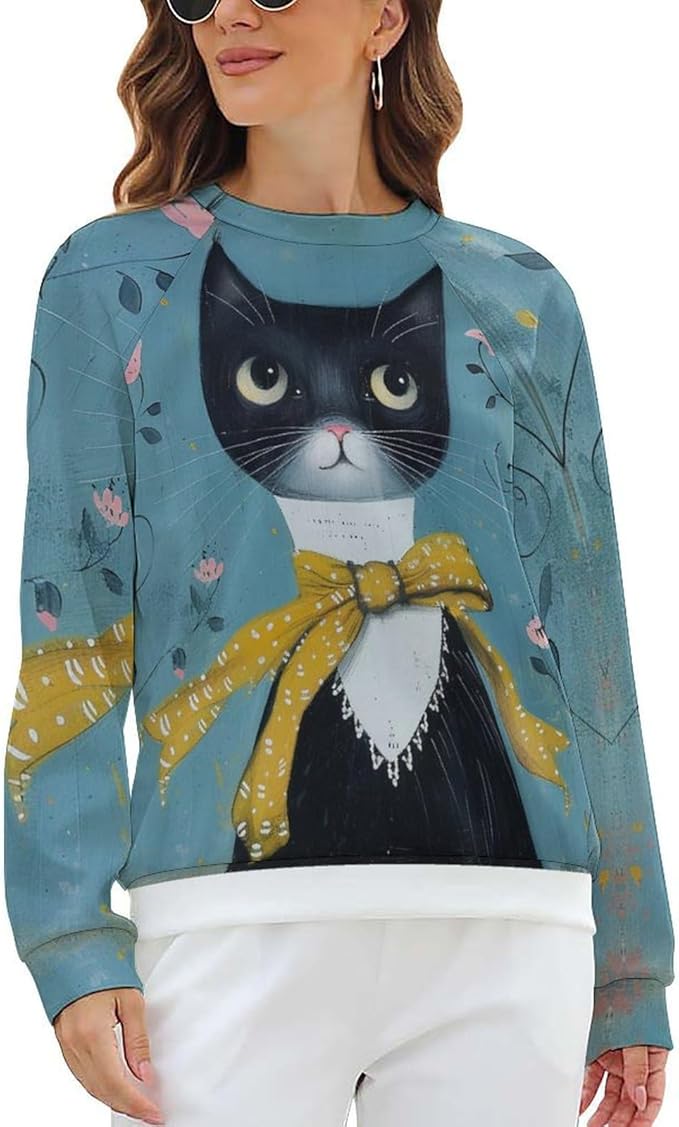 Biacolum Long Sleeve Shirts for Women Mid Century Retro Style Atomic Cat 3D Graphic Sweatshirts Fall Crewneck Pullover Top