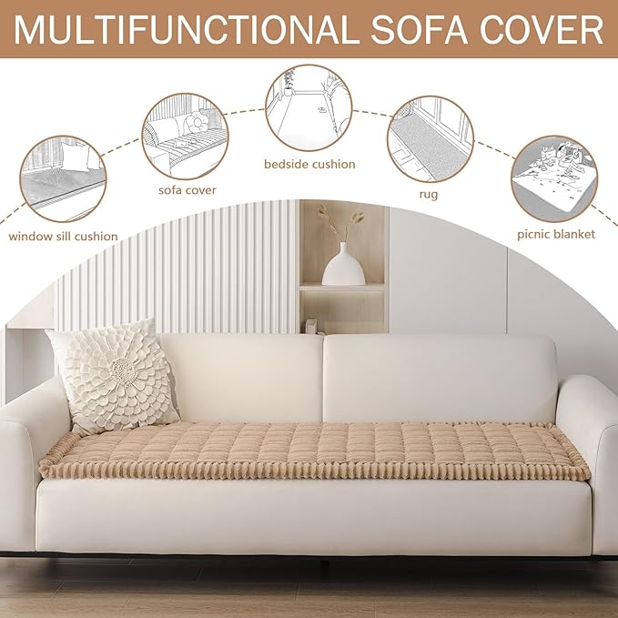 Smiry Couch Cover for Dogs Washable, Non Slip Fuzzy Pet Couch Covers for 3 Cushion Sofa Pet Friendly, Thick Soft Sofa Slipcovers Cushion Protector (Khaki, 27.6" x 59")