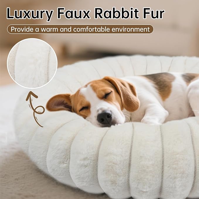 Warming Faux Rabbit Fur Pet Beds – Luxurious Donut Dog & Cat Bed, Anti-Anxiety Calming Cuddler Bed for Small Medim Dogs, Washable Round Puppy Kitten Beds, Non-Slip Bottom(36x36x10, White)