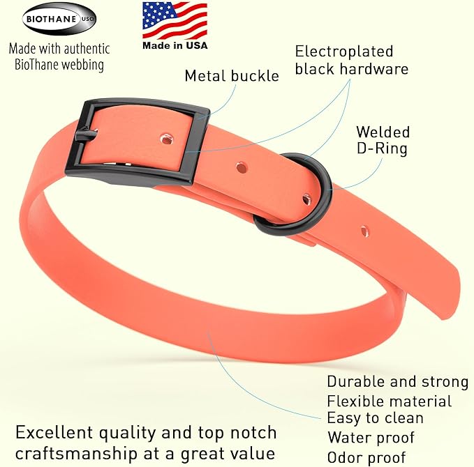 Dogline Biothane Coated Webbing Dog Collar with Black Metal Hardware: Durable Easy-Clean Everyday Collar for Dogs - Comfortable Adjustable Odor-Resistant Pet Collar, W5/8" x L12-15, Coral