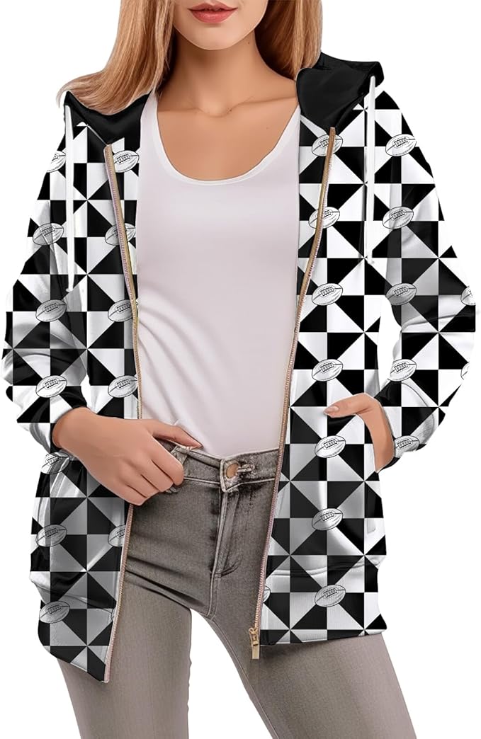 Women's Zip Front Plaid Sweatshirts Print Hoodie Fall Jackets Long Sleeve Casual Drawstring Clothes