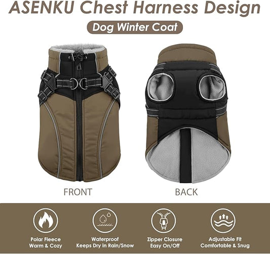 ASENKU Reflective Dog Coat with Built-in Harness, Windproof Fleece-Lined Dog Jacket for Small, Medium, Large Dogs, Warm Winter Vest with Turtleneck & Zipper (Khaki S)