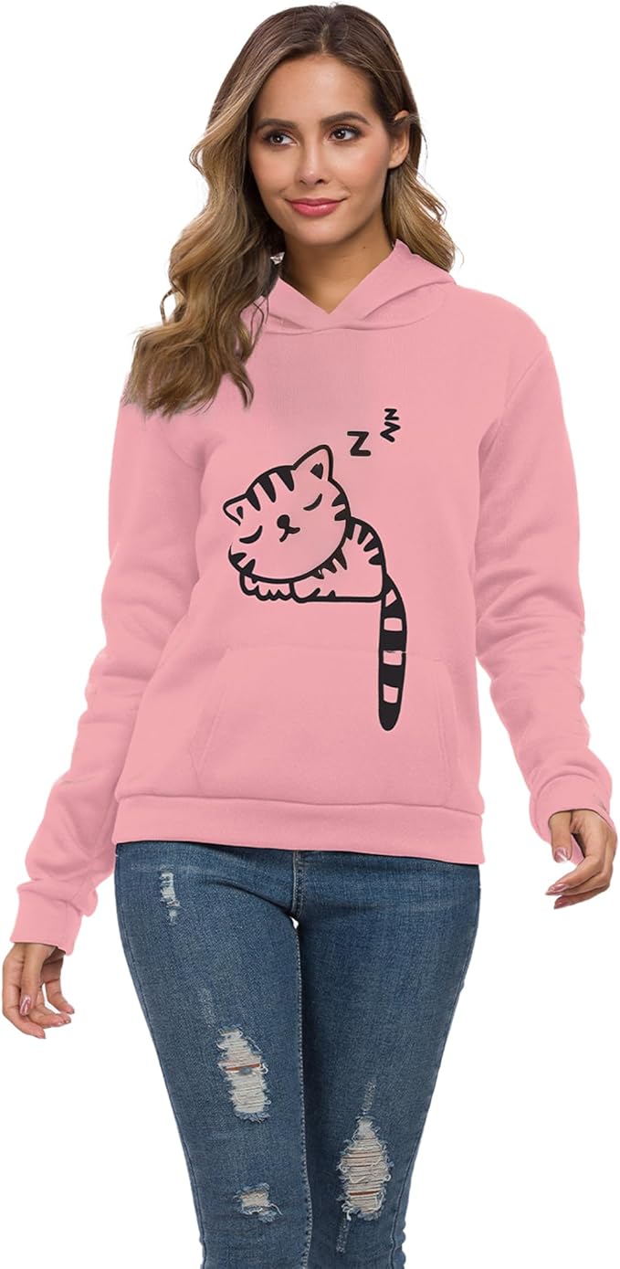 Women Teen Girls Hoodie Sweatshirt With Cute Cat Ear and Sleeping Cat Printed Pullover