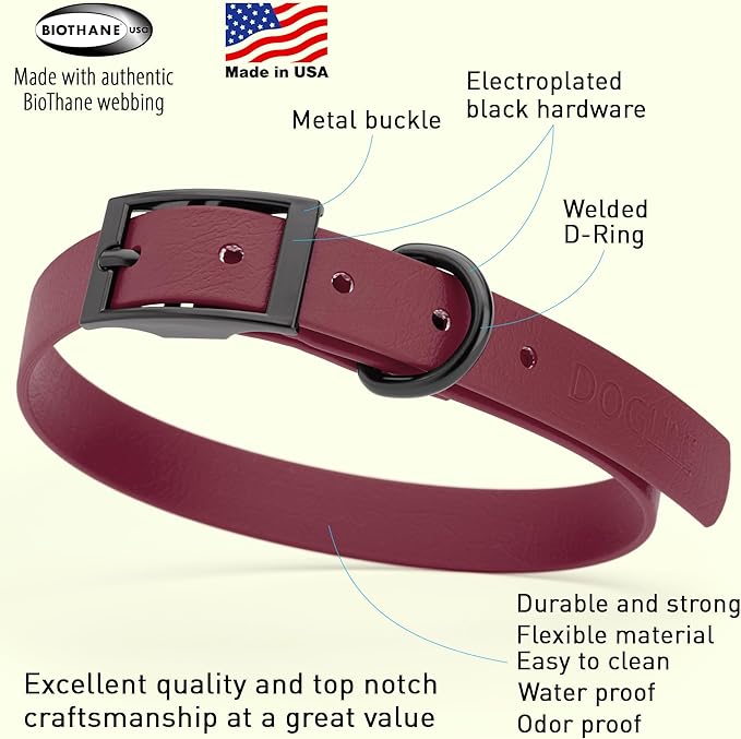 Dogline Biothane Coated Webbing Dog Collar with Black Metal Hardware: Durable Easy-Clean Everyday Collar for Dogs - Comfortable Adjustable Odor-Resistant Pet Collar, W3/4" x L15-18, Merlot Burgundy