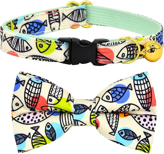 Breakaway Cat Collar Bowtie Bell, Line Fish, Wedding/Birthday Gift for Kitten