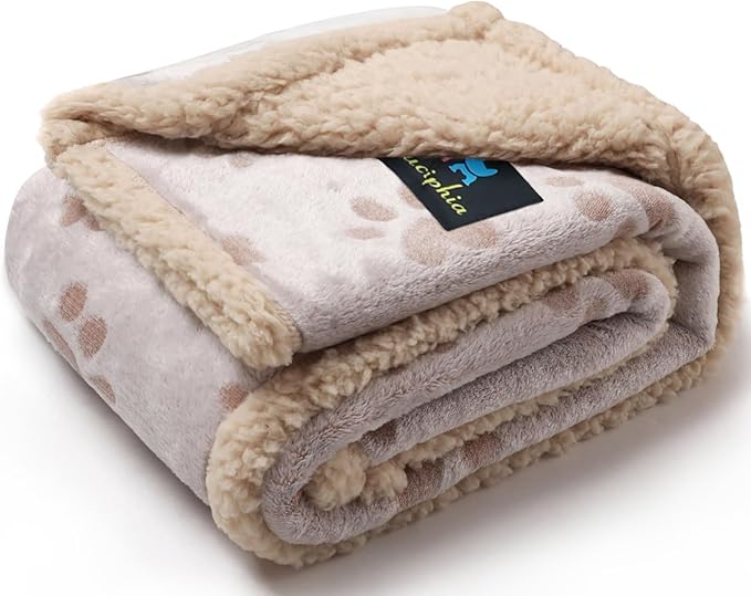 Luciphia Waterproof Pet Blankets Whith Paw Print for Couch Sofa Bed Cover, Liquid Pee Proof Soft Fluffy Dog Blanket Washable, Reversible Furniture Protection Puppy Cat, Khaki, Large（65" x 57"）