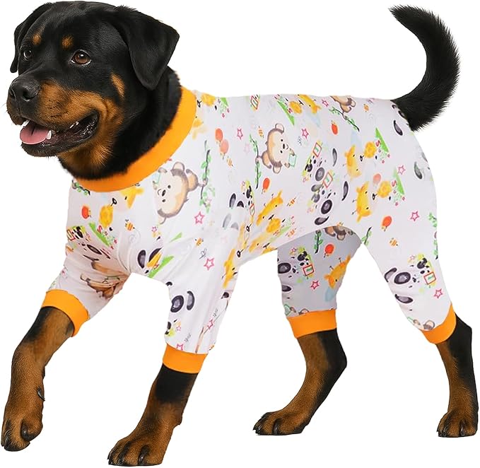 LovinPet Boxer Pajamas - Pet Anxiety Relief Shirt, Dog Pajamas, UV Protection Comfy Stretchy Fabric, White Animal Print, Large Dog Pjs, Pitbull Clothes, Surgical Recovery Shirt, Orange XL