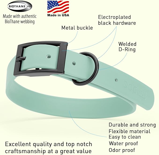 Dogline Biothane Coated Webbing Dog Collar with Black Metal Hardware: Durable Easy-Clean Everyday Collar for Dogs - Comfortable Adjustable Odor-Resistant Pet Collar, W1 x L22-25", Sage Green