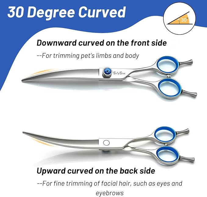 8inch Curved Dog Grooming Scissors Professional, Japanese VG10 Steel Sharp Pet Trimming Shears, with CNC Screw & Ergonomic Handle, 30 Degree Bend Cat Dog Scissors for Grooming Face and Paws Groomers