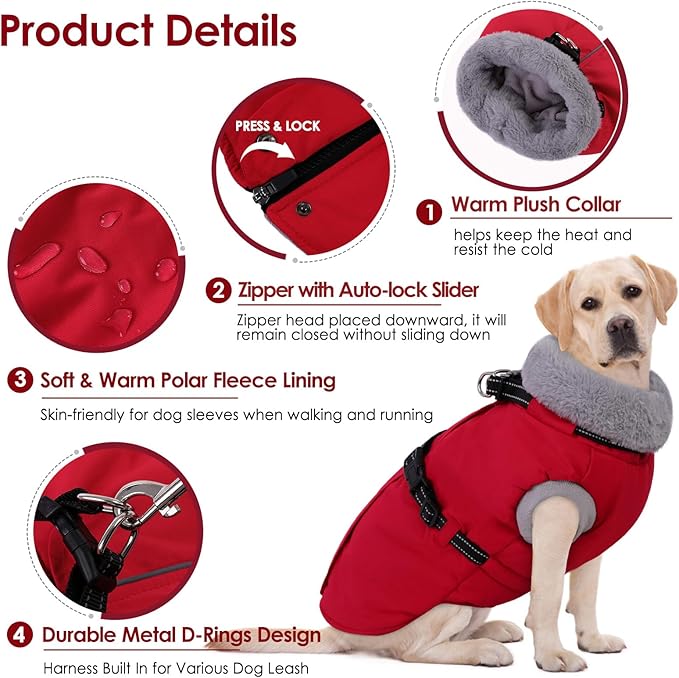 AOFITEE Dog Jacket, Large Dog Coat with Harness Built in, Warm Fleece Lined Pet Winter Jacket with Zipper & Furry Collar, Waterproof Pet Snow Coat Snowsuit for French Bulldog, Christmas Red L