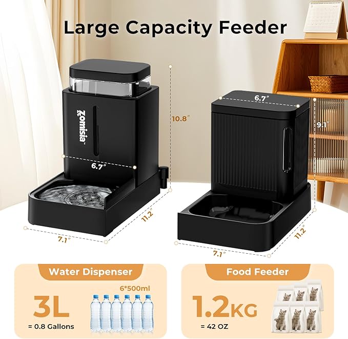 Gravity Cat Feeder and Water Dispenser Set, 2 in 1 Automatic Cat Feeder with 180 Degree Rotatable, Pet Self Feeding Large Capacity for Small Medium Dog Puppy Kitten, Black, 0.8 Gallon x 2