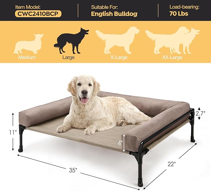 Veehoo Elevated Raised Dog Bed-Cooling Outdoor Dog Cot Bed for Large Sized Dogs Three-Sided Fence Raised Pet Cot with Mesh &No-Slip Feet Dog Hammock Bed with Removable Bolster-35 x 22" Beige Coffee