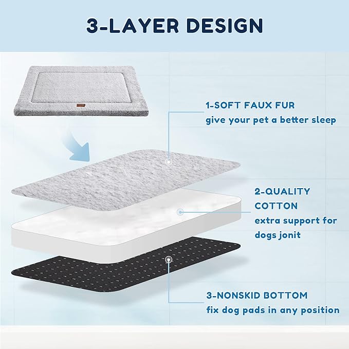 WESTERN HOME Pet Bed Mat, Large Dog Beds for Crate, 42x27 in, Soft Faux Fur, Washable Anti-Slip, Kennel Mat for Sleeping, Grey