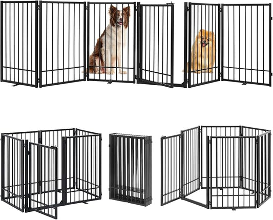 Metal Freestanding Dog Gate with Door, Extra Wide 121", 31" Height Foldable Dog Gates for Doorways, Tall Pet Fence Indoor Outdoor Pet Gates, 6 Panels Pet Barrier for Stairs Hallways, Black