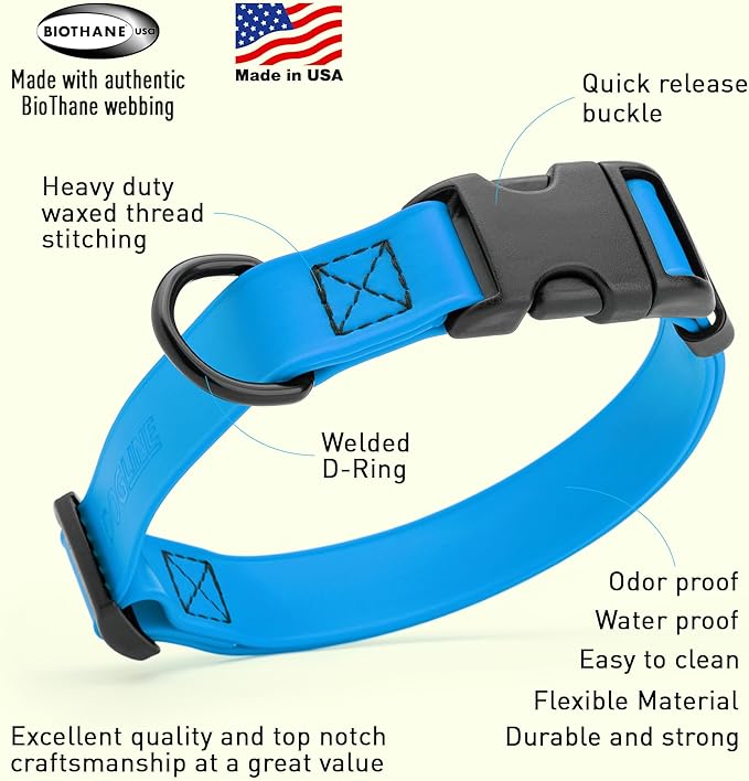 Dogline Durable Biothane Waterproof Collar for Dogs - Odor-Resistant Coated Webbing, Quick-Release Design, Comfortable Adjustable Fit, 1" W by 15-25" L, Cerulean Blue