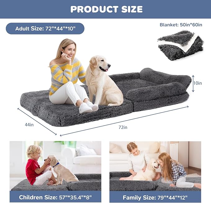 72" Foldable Human Dog Bed for Adults, Fluffy Faux Fur with Blanket, Orthopedic Washable Dog Bed with Memory Foam and Water Repellent Liner Extra Large Thick for Pet