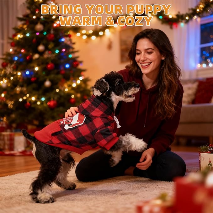 KOOLTAIL Christmas Dog Hoodie, Red Plaid Pet Sweater, Hat Hooded Sweatshirt Dog Clothes for Small Medium Large Dogs Boys Girls, Soft Warm Winter Cold Weather Coat with Leash Hole&Pocket, Santa, M