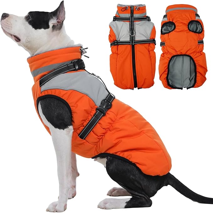Kuoser Dog Coat, 2 in 1 Dog Jacket with Harness Built in, Winter Waterproof Puppy Puffer Jacket Snowsuit for Small Medium Large Dogs, Cold Weather Reflective Pet Fleece Hunting Vest with Zipper