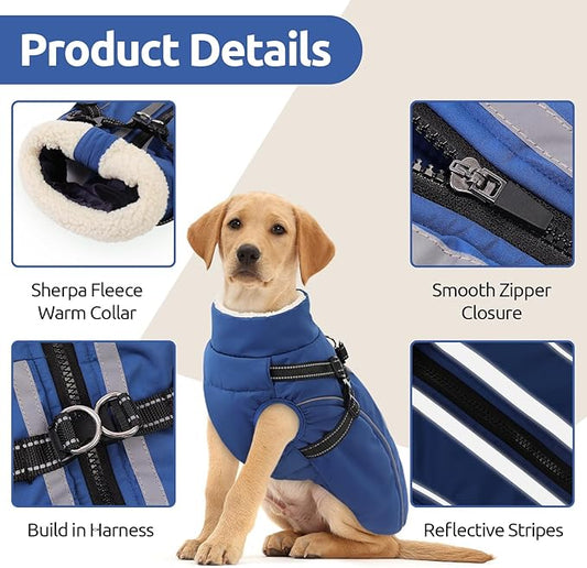 Dog Winter Coat with Harness Built in Warm Puffer Dog Jackets for Small Medium Large Dogs Windproof Waterproof Outfit with Plush Lining and Reflective Stripes (Blue, S)