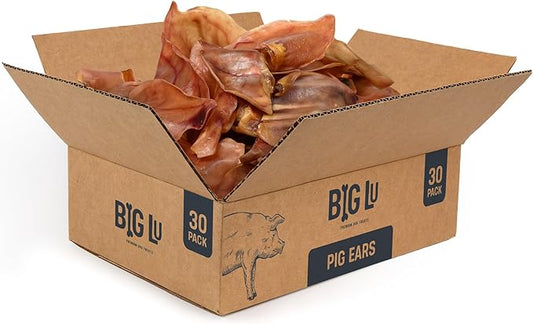 Big Lu – Whole Pig Ears for Dogs, Bulk 30 Count, All-Natural Single-Ingredient Pork Treats for Medium and Large Dogs, Easily Digestible, Supports Joint Health with Glucosamine and Chondroitin