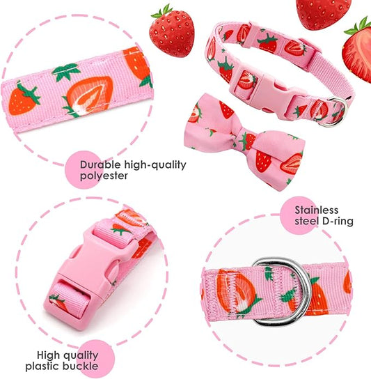 azuza Dog Collar Bow tie, Lovely Pink Strawberry Dog Collars with Bowtie for Extra Small Dogs
