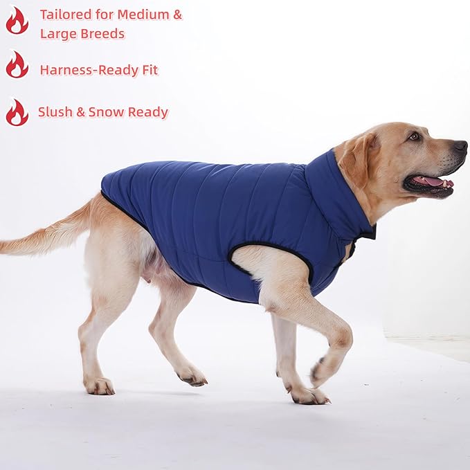 LovinPet Reversible Dog Puffer Coat for Medium & Large Dogs, Down‑Insulated Winter Jacket, Water‑Resistant & Wind‑Resistant, Anti‑Static, Dual-Sided Blue & Black for Cold Weather,XL