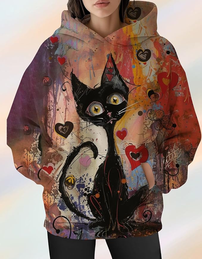 Womens Cat Print Hoodies Trendy Funny Cat Graphic Long Sleeve Sweatshirt Y2k Streetwear Hooded Pullover Tops