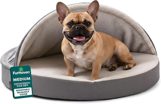 Furhaven 26" Round Orthopedic Dog Bed for Medium/Small Dogs w/ Removable Washable Cover, For Dogs Up to 30 lbs - Sherpa & Suede Snuggery - Gray, 26-inch
