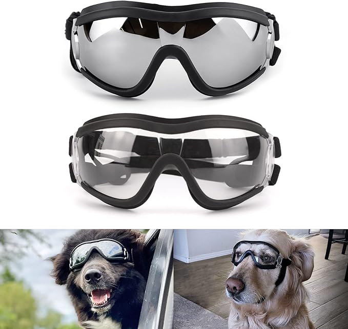 PETLESO Dog Goggles Sunglasses for Large Breeds - 2PCS Black & Clear UV Protection Set, Windproof Eye Wear for Medium to Large Dogs, Ideal for Riding/Driving/Hiking