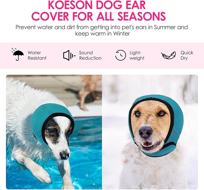 KOESON Dog Calming Hoodie - No Shake Ear Wraps for Dogs, Anxiety Relief & Noise Protection, Water Resistant Pet Ear Cover Muffs for Firework, Grooming, Thunderstorms, Swimming, Bathing, Turquoise L