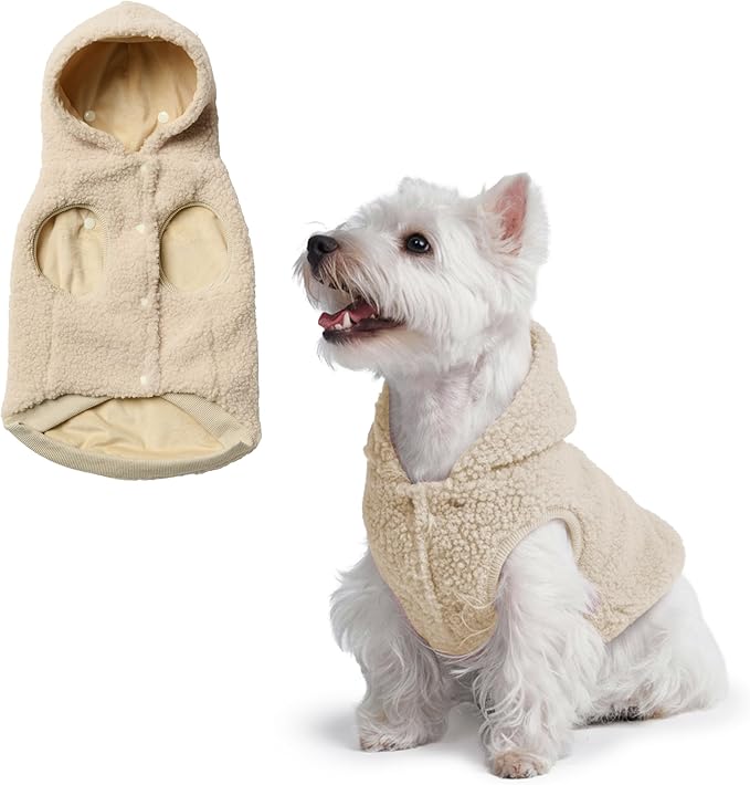 Spark Paws Fleece Dog Jacket, Hooded Sweater Vest, Warm Coat for Winter - Suitable for Small Medium Large XL XXL Breeds - Beige - S