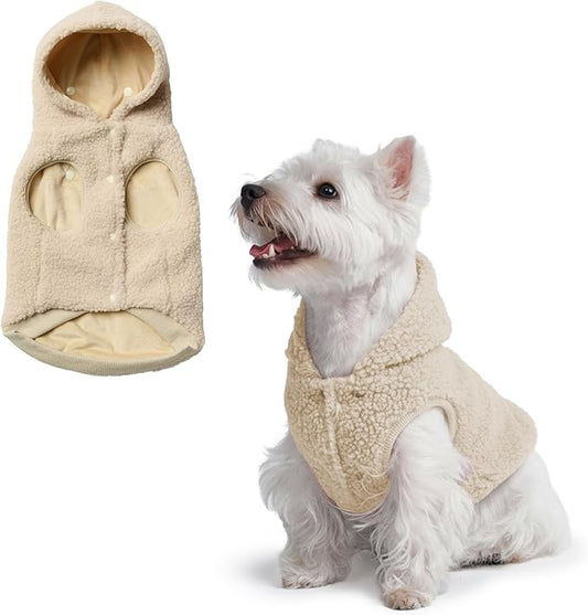 Spark Paws Fleece Dog Jacket, Hooded Sweater Vest, Warm Coat for Winter - Suitable for Small Medium Large XL XXL Breeds - Beige - S
