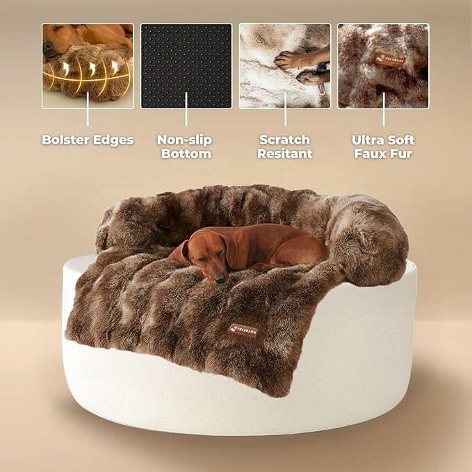 Pelsbarn Dog Bed for Couch, Luxurious Sofa Bed for Dogs with Non-Slip Oxford Bottom - Faux Rabbit Fur with Removable Cover, Small, Brown - 28x28 in