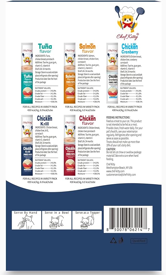 Chef Kitty Purée Pops, Cat Treats, Grain-Free, Lickable, Squeezable Creamy Cat Treat/Topper with Vitamin E & Taurine, 0.5 Ounces Each Tube, 10 Tubes, Chicken with Krill Recipe