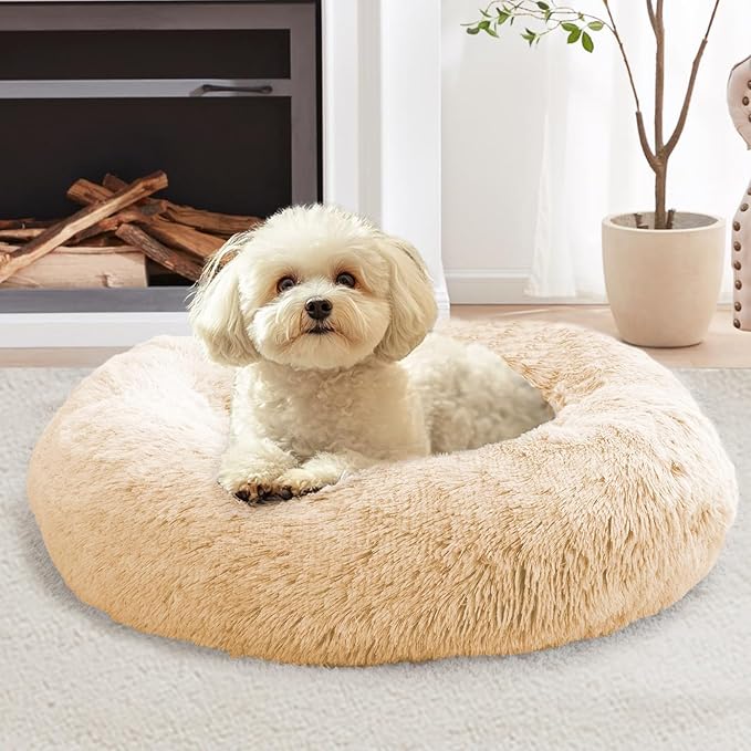 JOLLYVOGUE Small Dog & Cat Beds for Indoor Cats, Donut Cuddler Warming Soft Dog Beds with Anti-Slip Bottom, Round Calming Fluffy Plush Faux Fur Cushion Bed for Small Dogs (23", Off White)