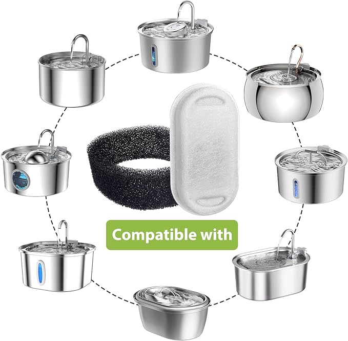Cat Water Fountain Filters, 16 Pack Cat Fountain Filter Replacement for 67oz/2L & 108oz/3.2L Stainless Steel Pet Water Fountain, 8 Pack Pet Replacement Filters with 8 Sponges