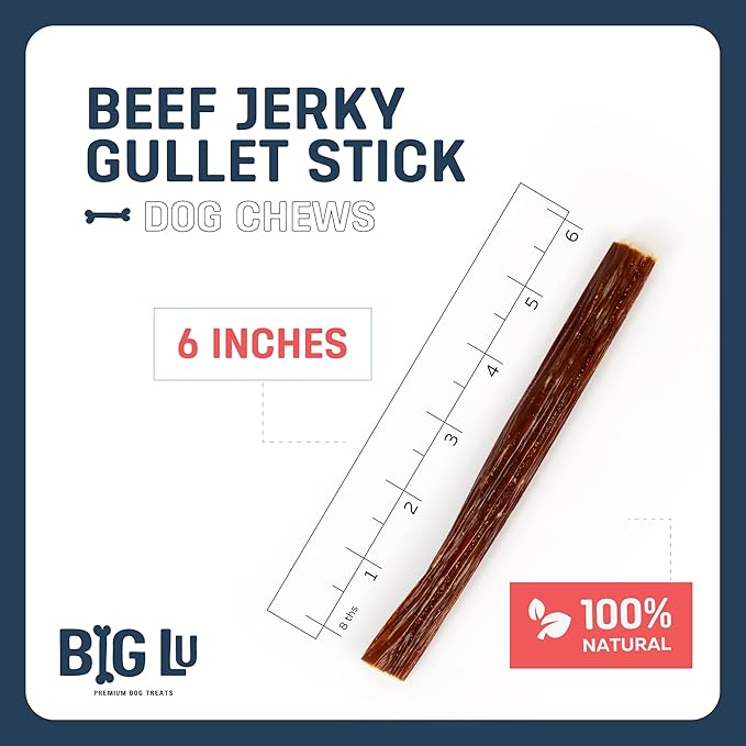 Big Lu - 6-Inch Beef Jerky Sticks for Dogs, 12 Count, All-Natural Beef Gullet, Grass-Fed Jerky Chews, Fully Digestible, High-Protein Treats with Glucosamine and Chondroitin for Joint Health