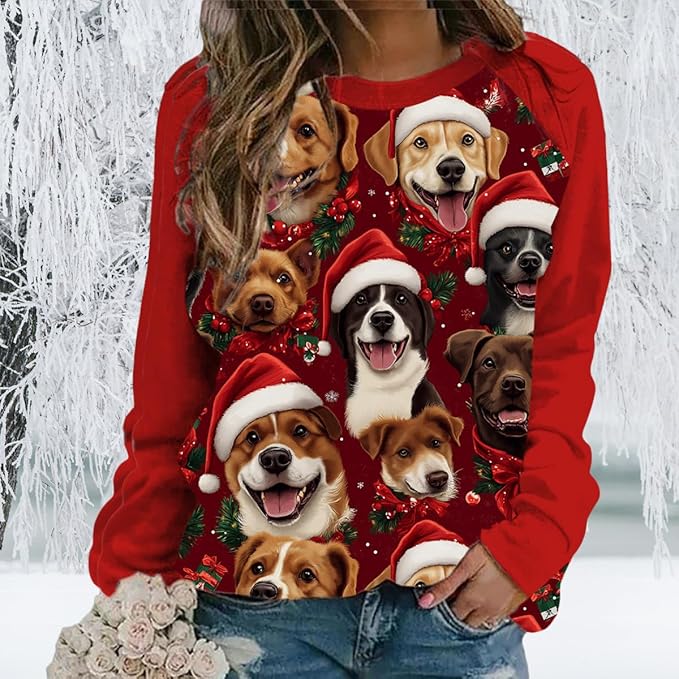 Womens Ugly Christmas Sweatshirt Funny Cat Dog Printed Xmas Pullover Shirts Crewneck Long Sleeve Graphic Hoodies