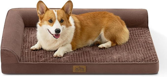 Orthopedic Dog Bed for Large Medium Size Dog, Pet Sofa, Foam Bolster Couch with Waterproof Lining Cover, Anti-Slip, Washable, L-Shaped, L 36x27x6.5 inch, Brown