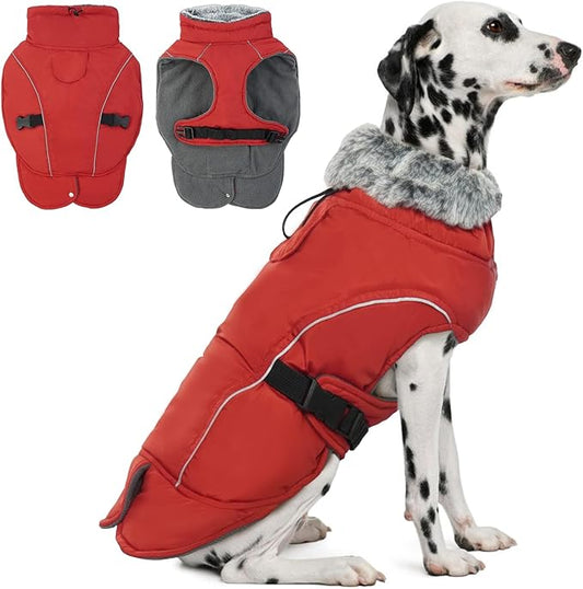 DENTRUN Winter Warm Dog Coat Reflective Jacket with Turtleneck for Cold Weather, Adjustable Buckle Windproof Water Repellent, Thick Snowsuit Fleece Vest for Small, Medium, Large Dogs, Red, XL
