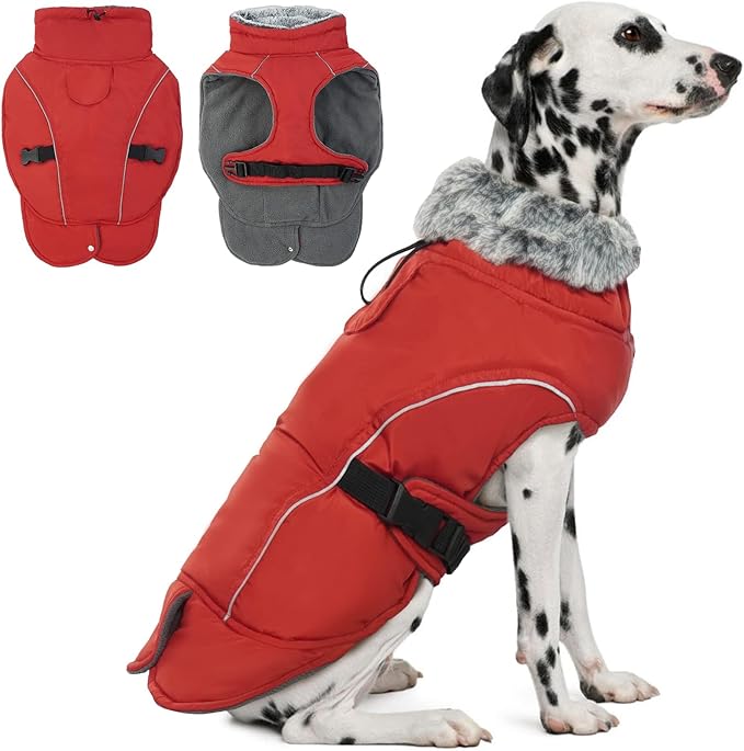 DENTRUN Winter Warm Dog Coat Reflective Jacket with Turtleneck for Cold Weather, Adjustable Buckle Windproof Water Repellent, Thick Snowsuit Fleece Vest for Small, Medium, Large Dogs, Red, M