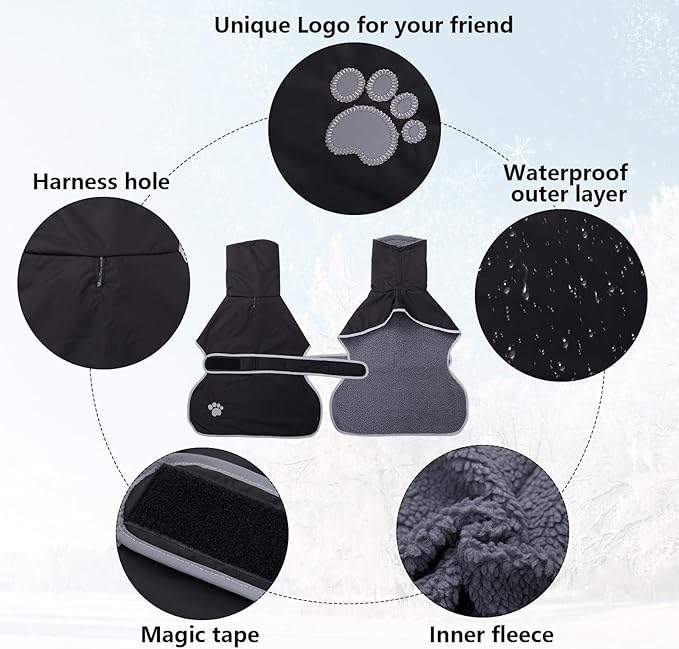 Geyecete Dog Winter Coat Geyecete Greyhound Raincoat Fabric with Lamb Velvet Inside Outdoor Dog Apparel with Adjustable Bands for Medium, Large Dog-Black-L