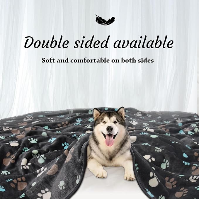 Rezutan Upgraded Flannel Blankets for Large Dogs & Cats, Soft Washable Pet Mat Throw Cover for Kennel, Crate, Bed - Cute Paw Pattern, Grey 40" x 50"